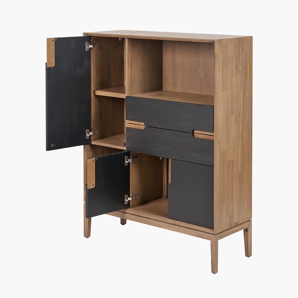 Gio Black and Natural Acacia Wood 3 Door, 2 Drawer, 2 Niche Shelf Unit.