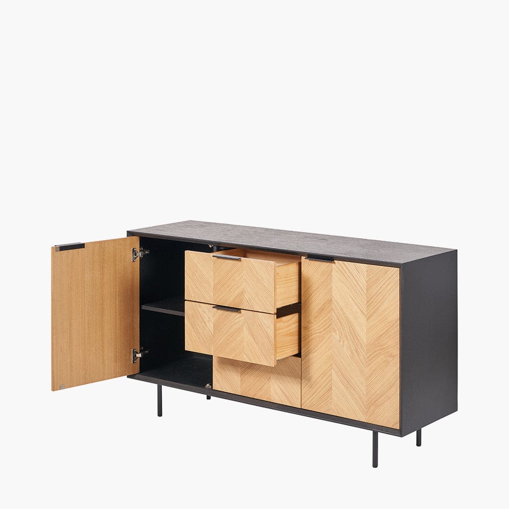 Hailee Black and Natural Chevron Oak and Pine Wood 2 Door 3 Drawer Sideboard.