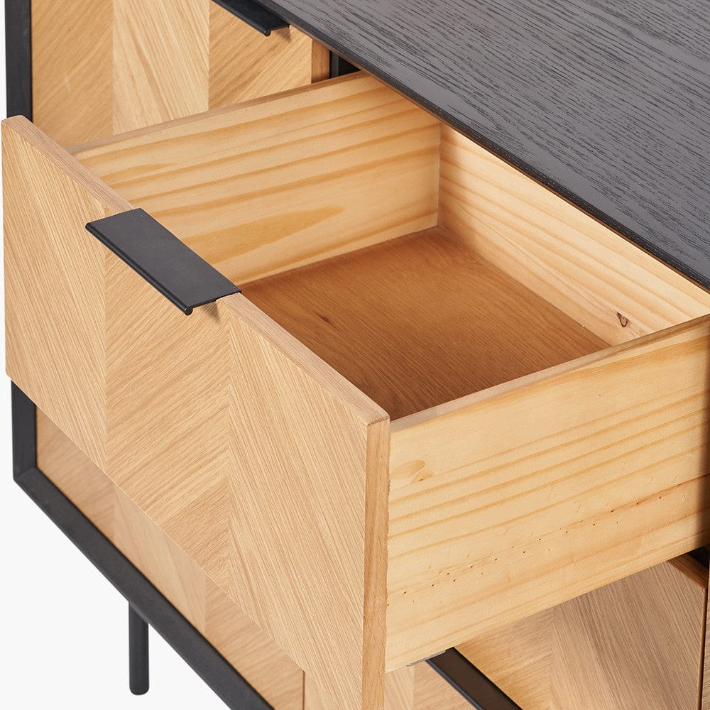 Hailee Black and Natural Chevron Oak and Pine Wood 2 Door 3 Drawer Sideboard.