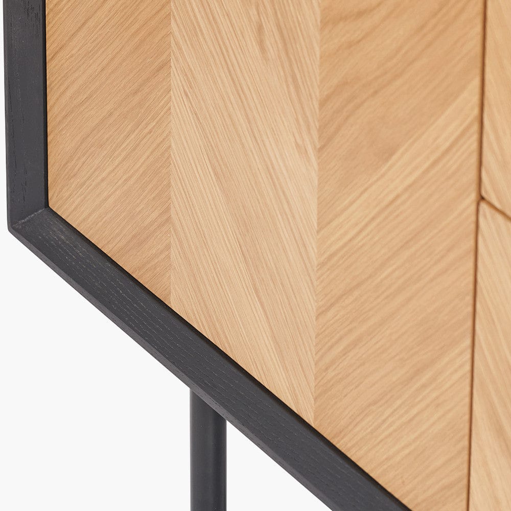 Hailee Black and Natural Chevron Oak and Pine Wood 2 Door 3 Drawer Sideboard.