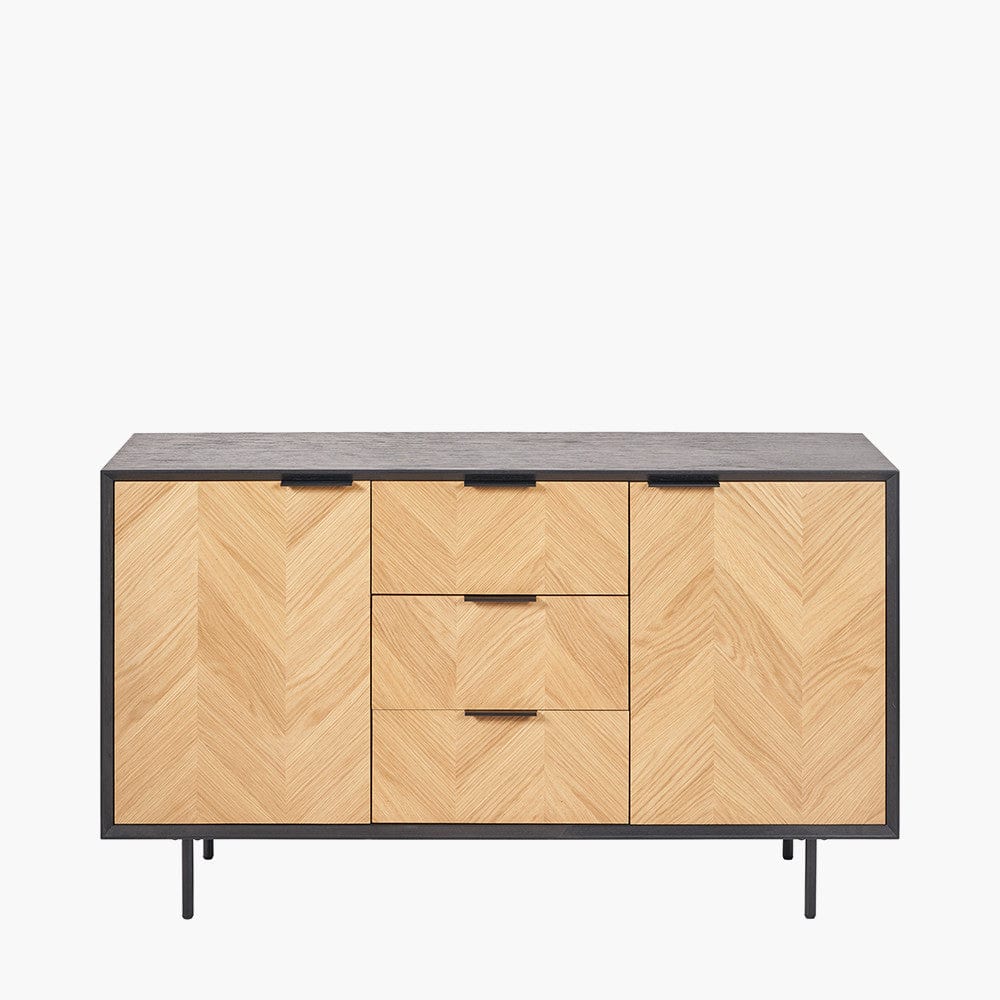 Hailee Black and Natural Chevron Oak and Pine Wood 2 Door 3 Drawer Sideboard.
