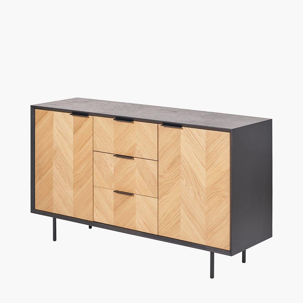 Hailee Black and Natural Chevron Oak and Pine Wood 2 Door 3 Drawer Sideboard.
