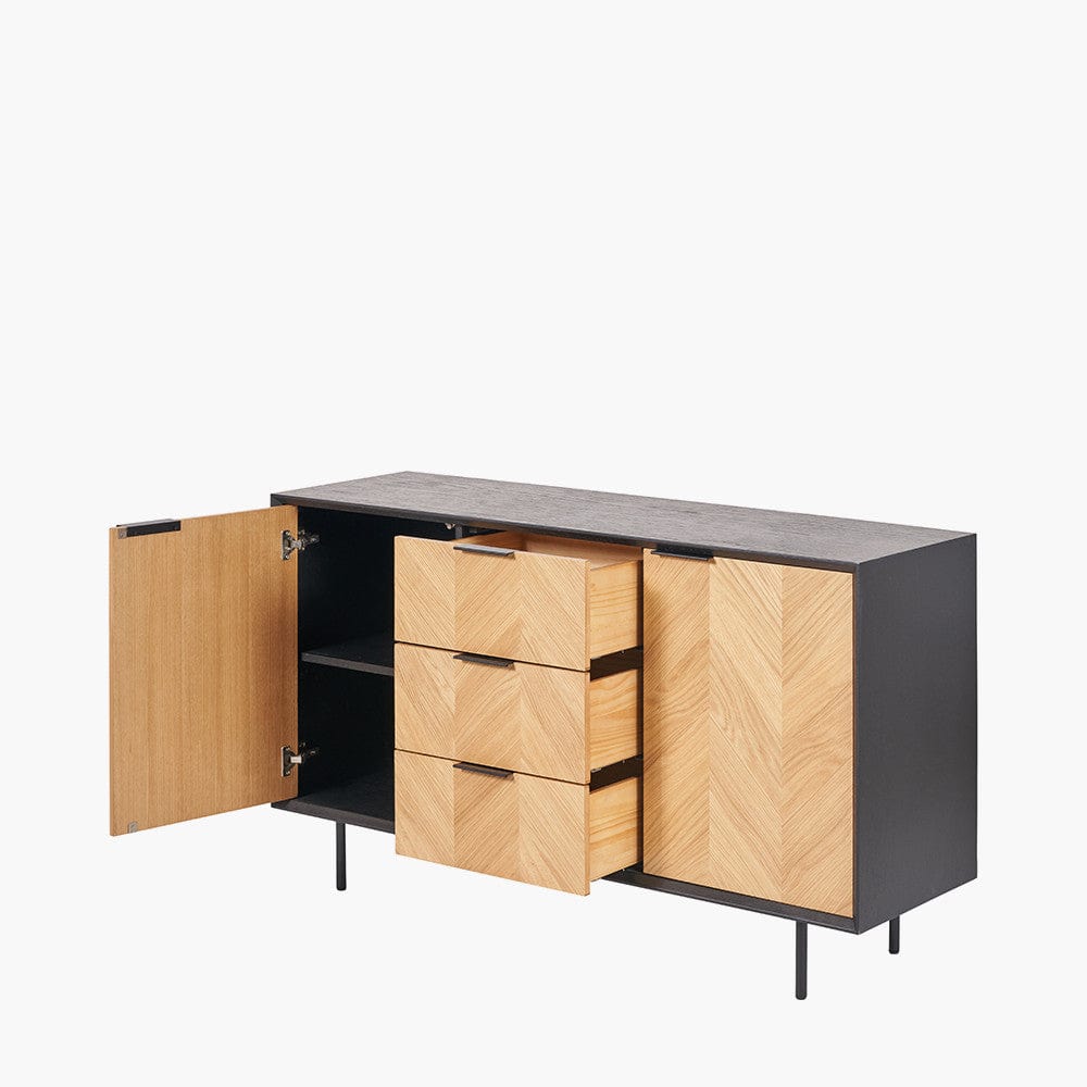 Hailee Black and Natural Chevron Oak and Pine Wood 2 Door 3 Drawer Sideboard.