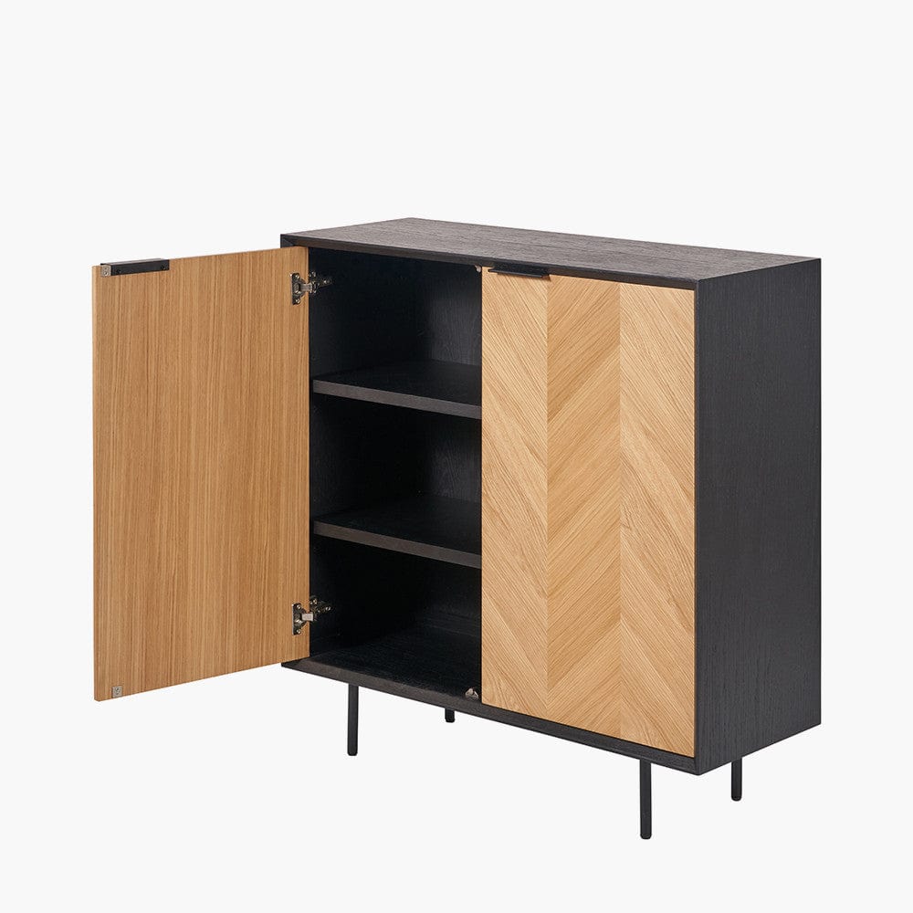 Hailee Black and Natural Chevron Oak and Pine Wood 2 Door Bar Cabinet.