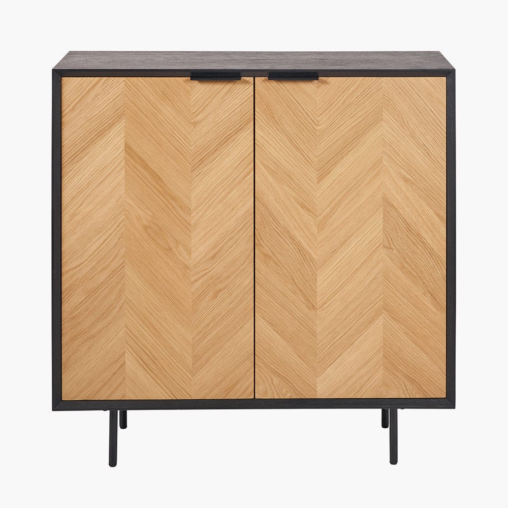 Hailee Black and Natural Chevron Oak and Pine Wood 2 Door Bar Cabinet.