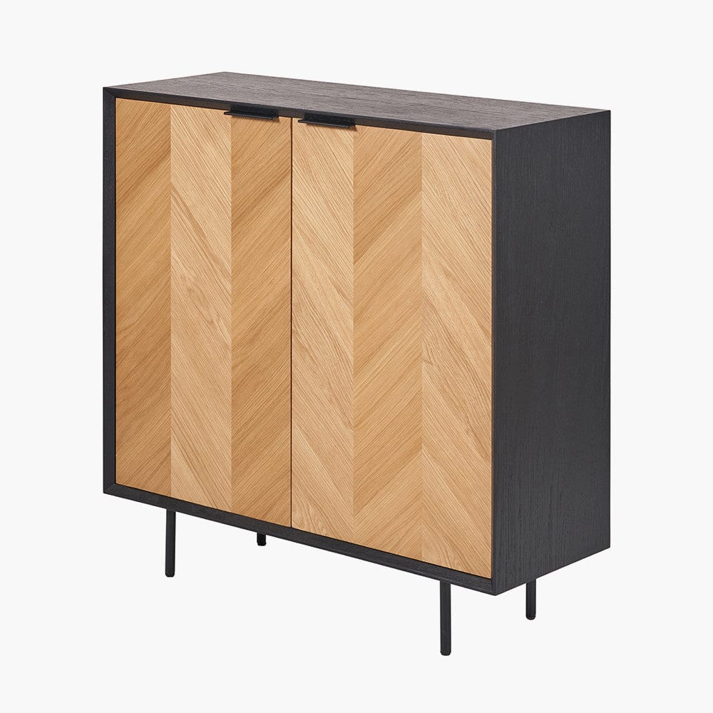 Hailee Black and Natural Chevron Oak and Pine Wood 2 Door Bar Cabinet.