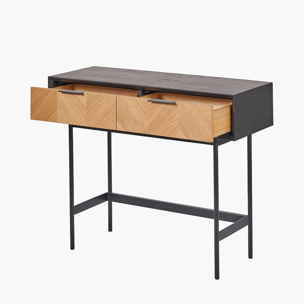 Hailee Black and Natural Chevron Oak and Pine Wood 2 Drawer Console Table.