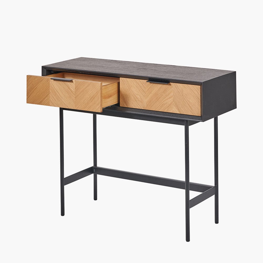 Hailee Black and Natural Chevron Oak and Pine Wood 2 Drawer Console Table.