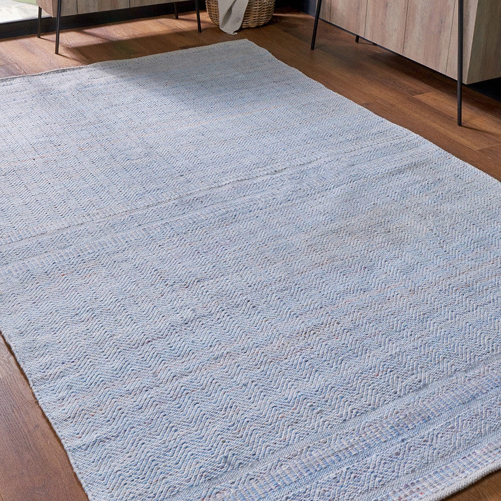 Indoor Outdoor Recycled PET Yarn Aqua, Blue and White Inca Design Rug.