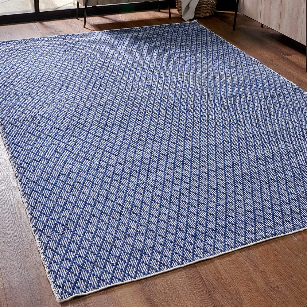 Indoor Outdoor Recycled PET Yarn Denim Blue and White Ikat Design Rug.