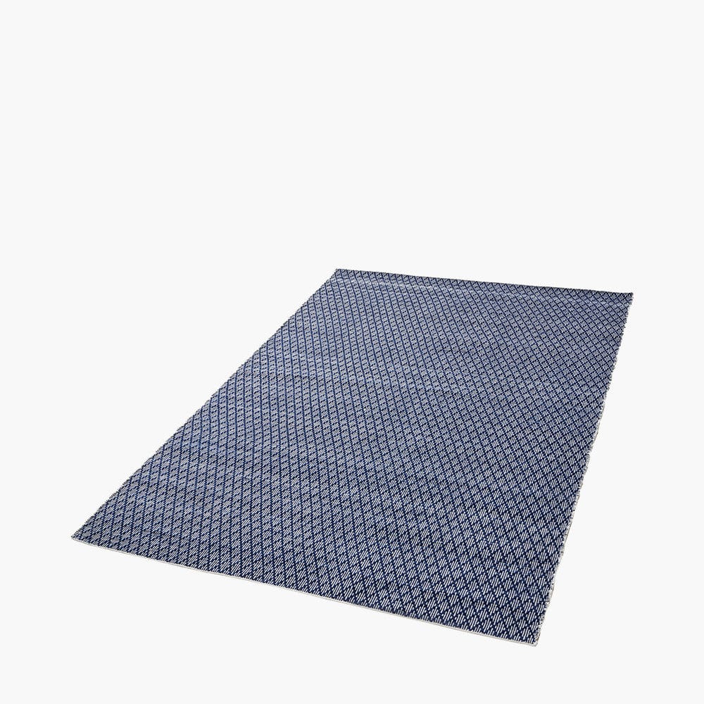 Indoor Outdoor Recycled PET Yarn Denim Blue and White Ikat Design Rug.