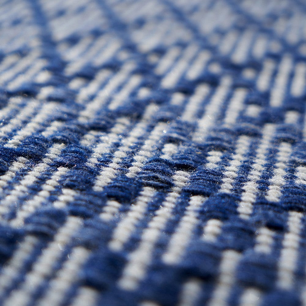Indoor Outdoor Recycled PET Yarn Denim Blue and White Ikat Design Rug.