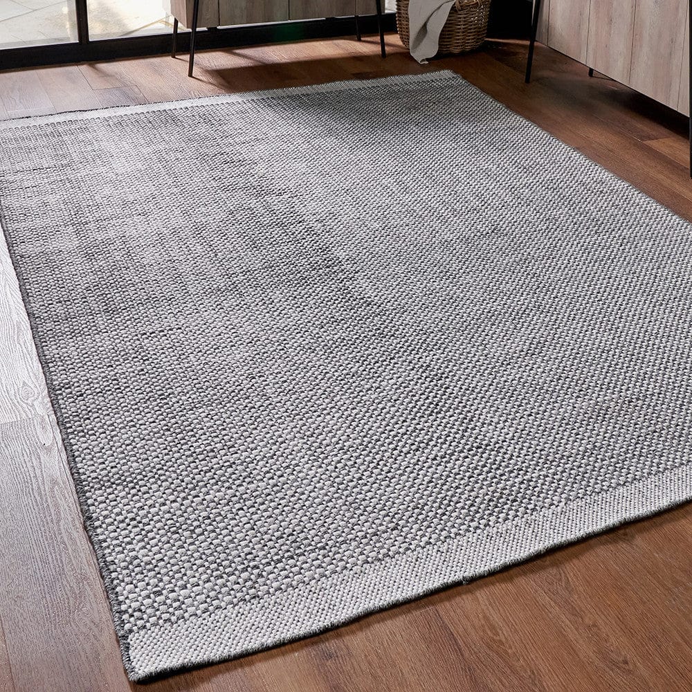 Indoor Outdoor Recycled PET Yarn Graphite and White Basket Weave Design Rug.