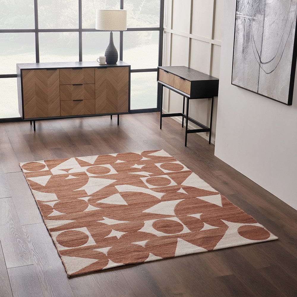 Indoor Outdoor Terracotta and Ivory  Geometric Design Rug.