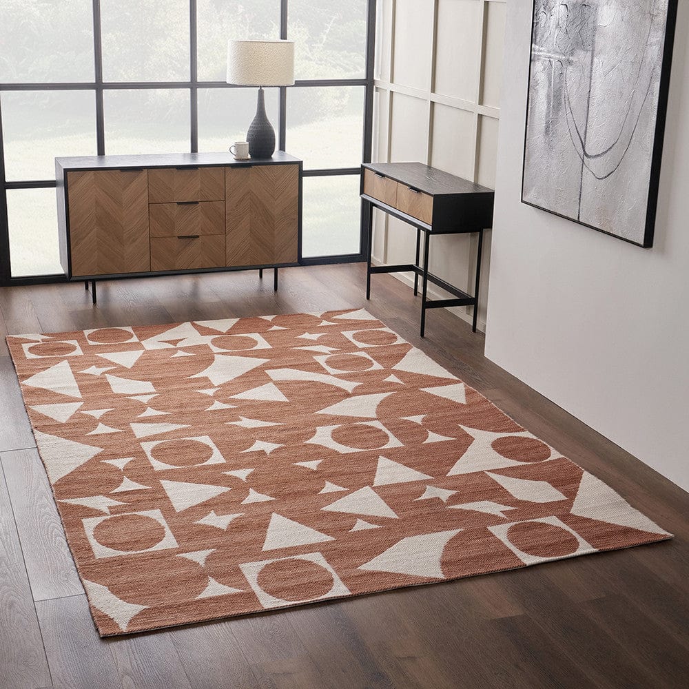 Indoor Outdoor Terracotta and Ivory  Geometric Design Rug Large.