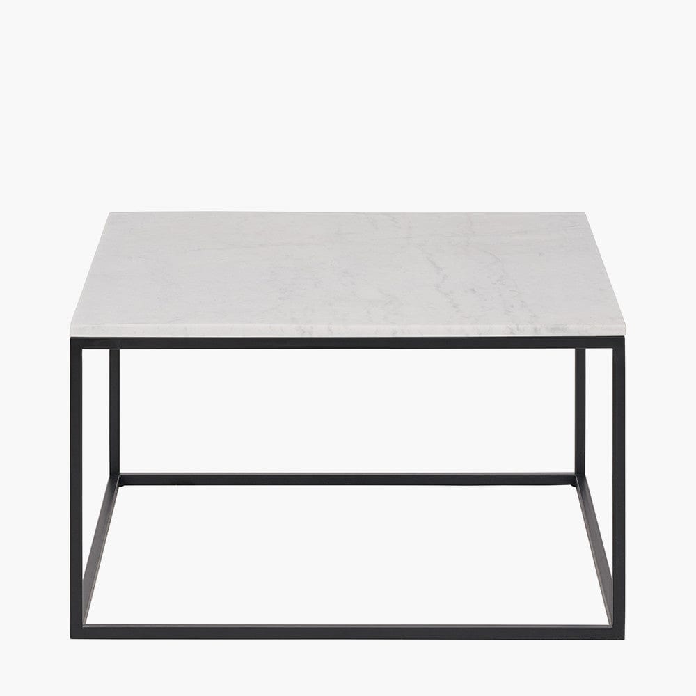 Kalani White Marble and Black Metal Square Coffee Table.