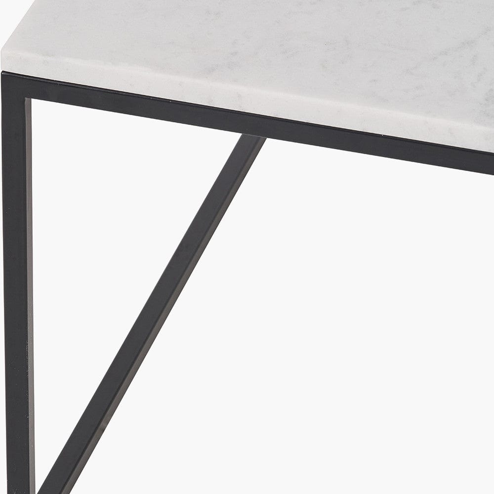 Kalani White Marble and Black Metal Square Coffee Table.