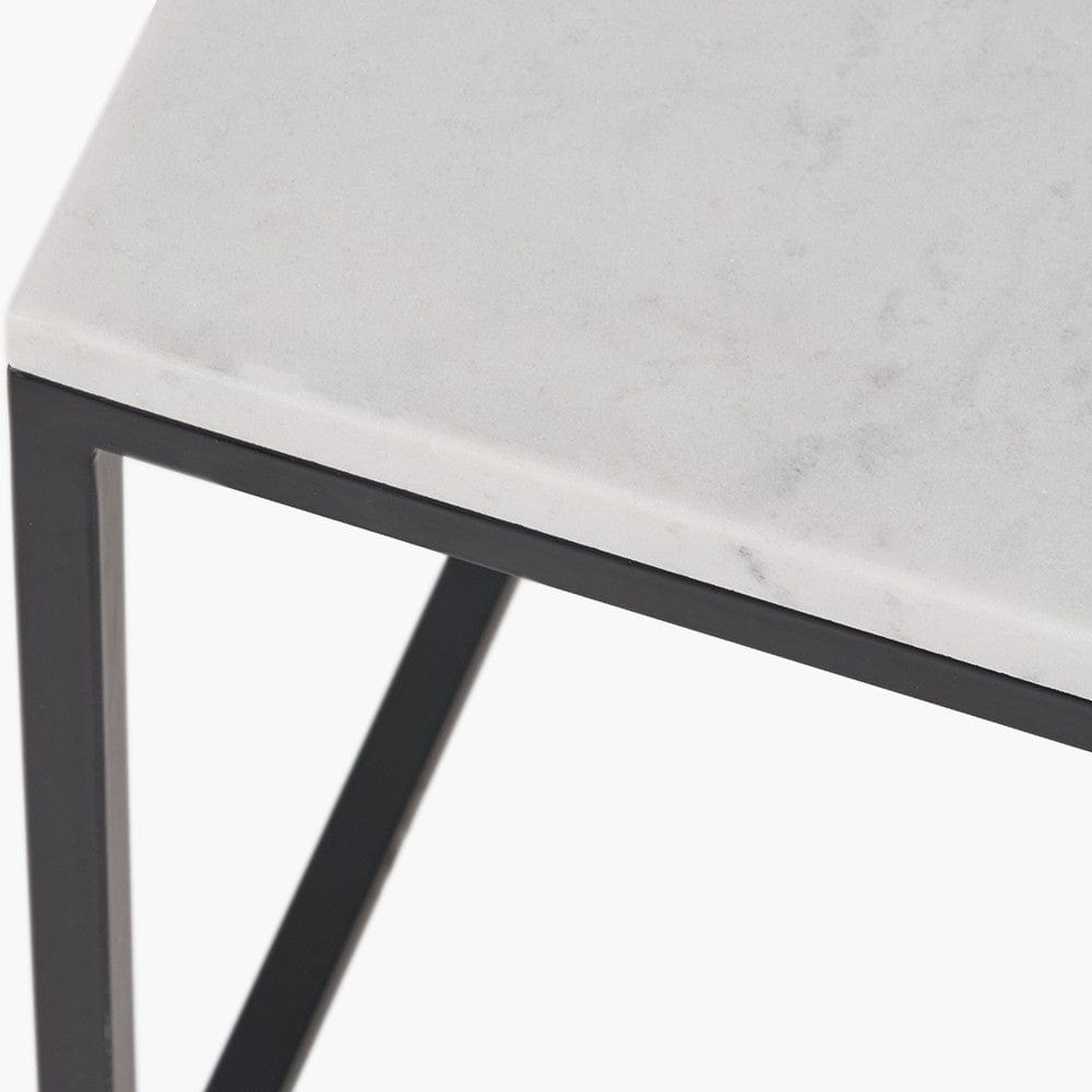 Kalani White Marble and Black Metal Square Coffee Table.