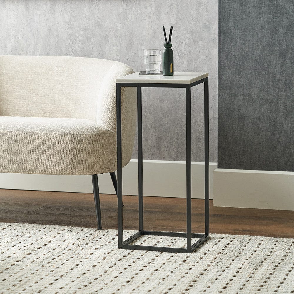 Kalani White Marble and Black Metal Tall Square Side Table.