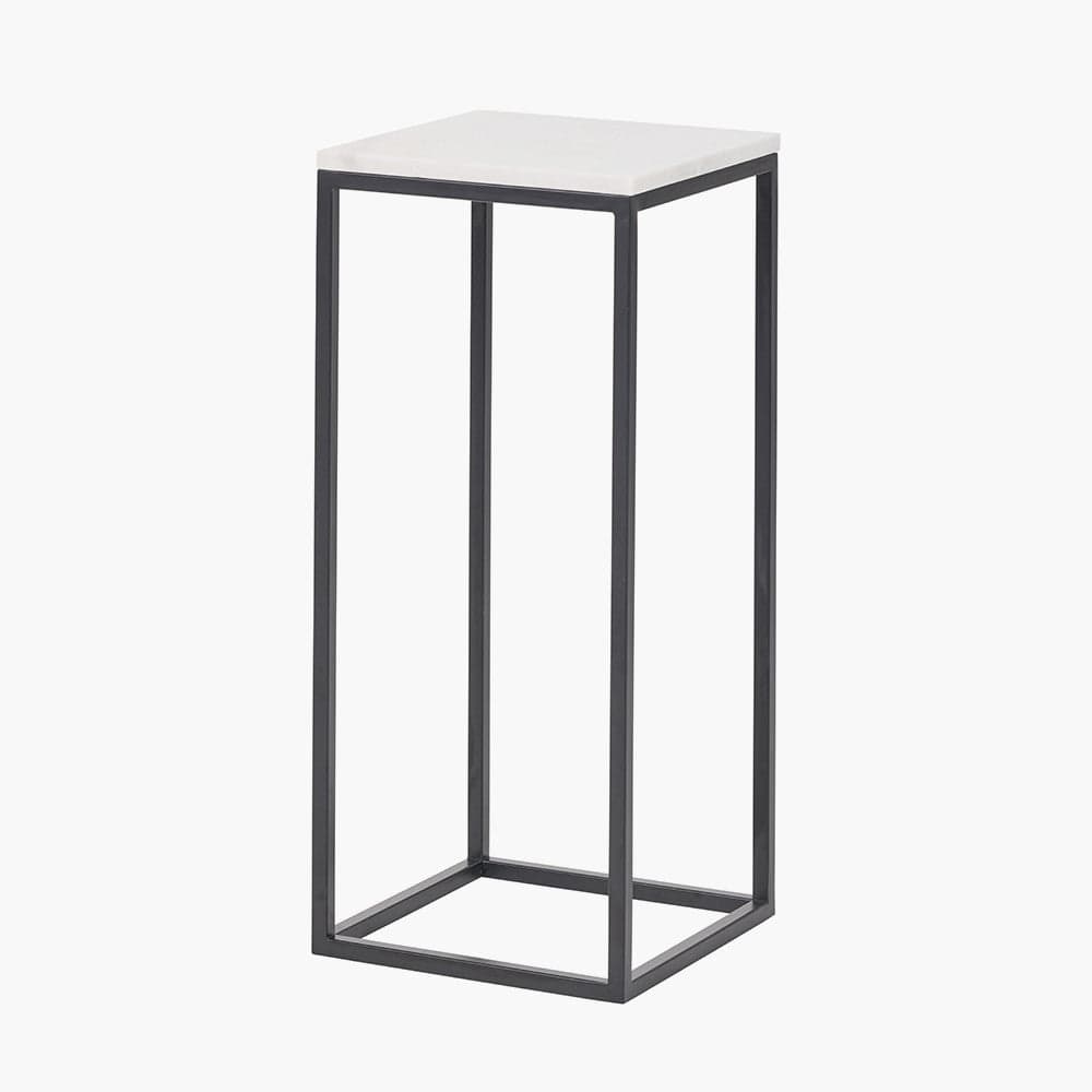 Kalani White Marble and Black Metal Tall Square Side Table.