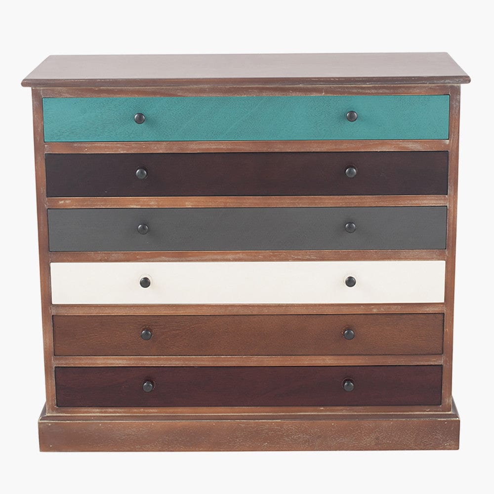 Loft Blue Multicoloured Pine Wood 6 Drawer Unit.