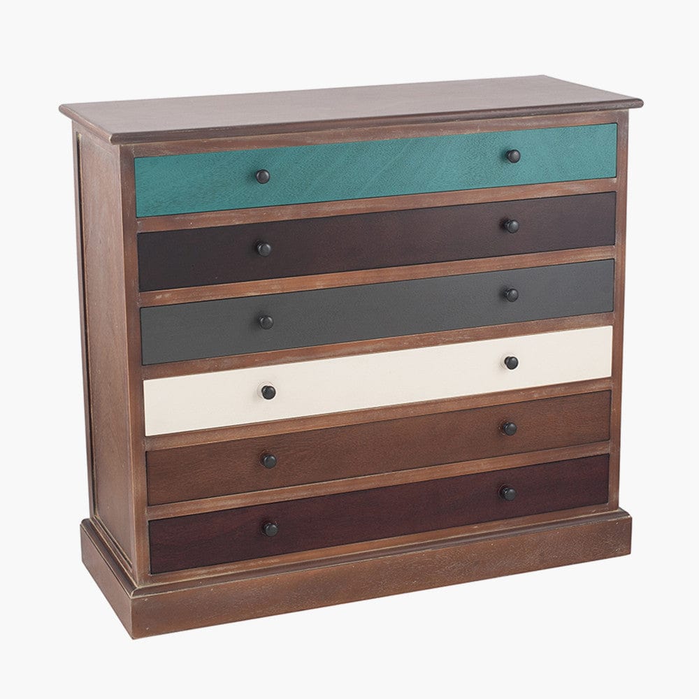 Loft Blue Multicoloured Pine Wood 6 Drawer Unit.
