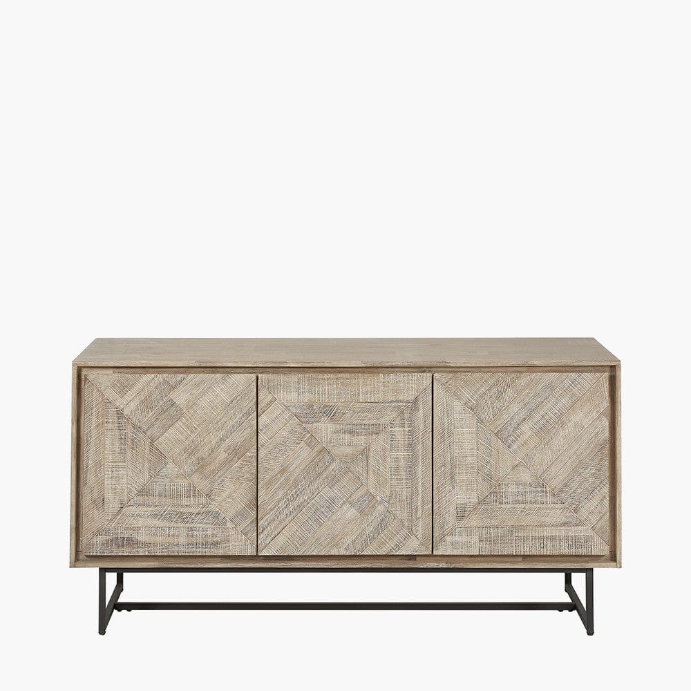 Marca Sand Wash Acacia Wood and Black Metal 3 Door Sideboard.