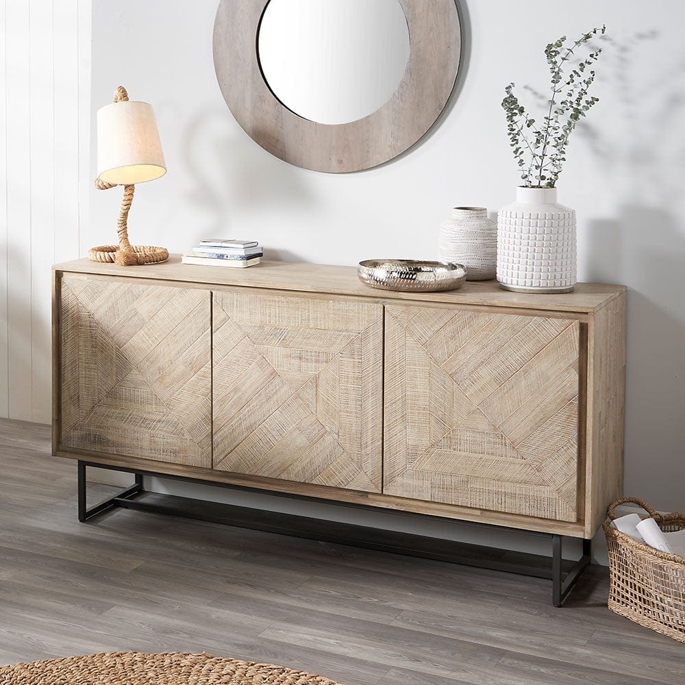 Marca Sand Wash Acacia Wood and Black Metal 3 Door Sideboard.