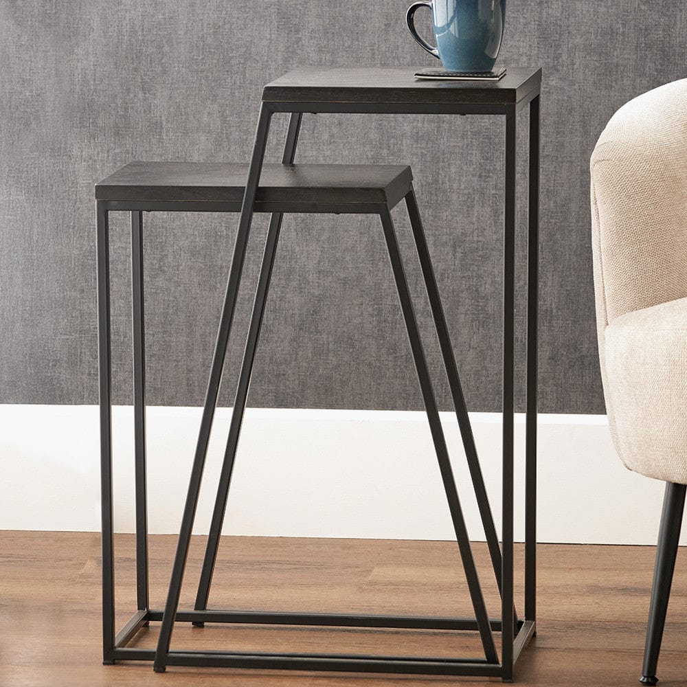 Mashiko S/2 Black Ash Veneer and Black Metal Side Tables.