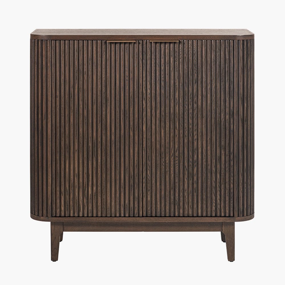 Raie Dark Brown Ribbed Oak and Pine Wood 2 Door Bar Cabinet.