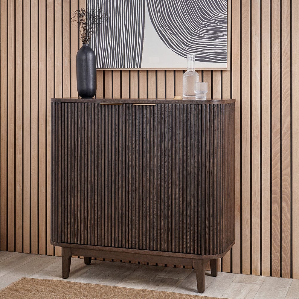 Raie Dark Brown Ribbed Oak and Pine Wood 2 Door Bar Cabinet.