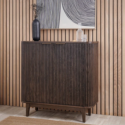 Pacific Lifestyle Outdoors Raie Dark Brown Ribbed Oak and Pine Wood 2 Door Bar Cabinet House of Isabella UK