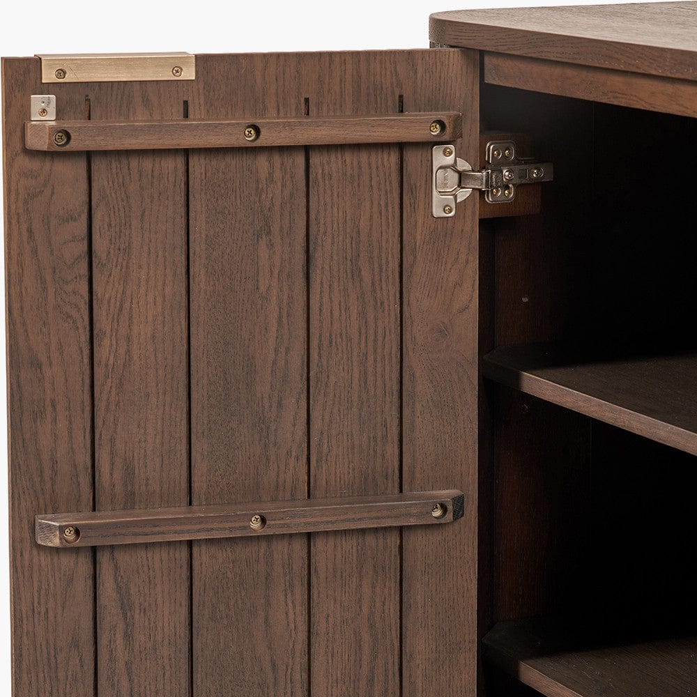 Raie Dark Brown Ribbed Oak and Pine Wood 2 Door Bar Cabinet.