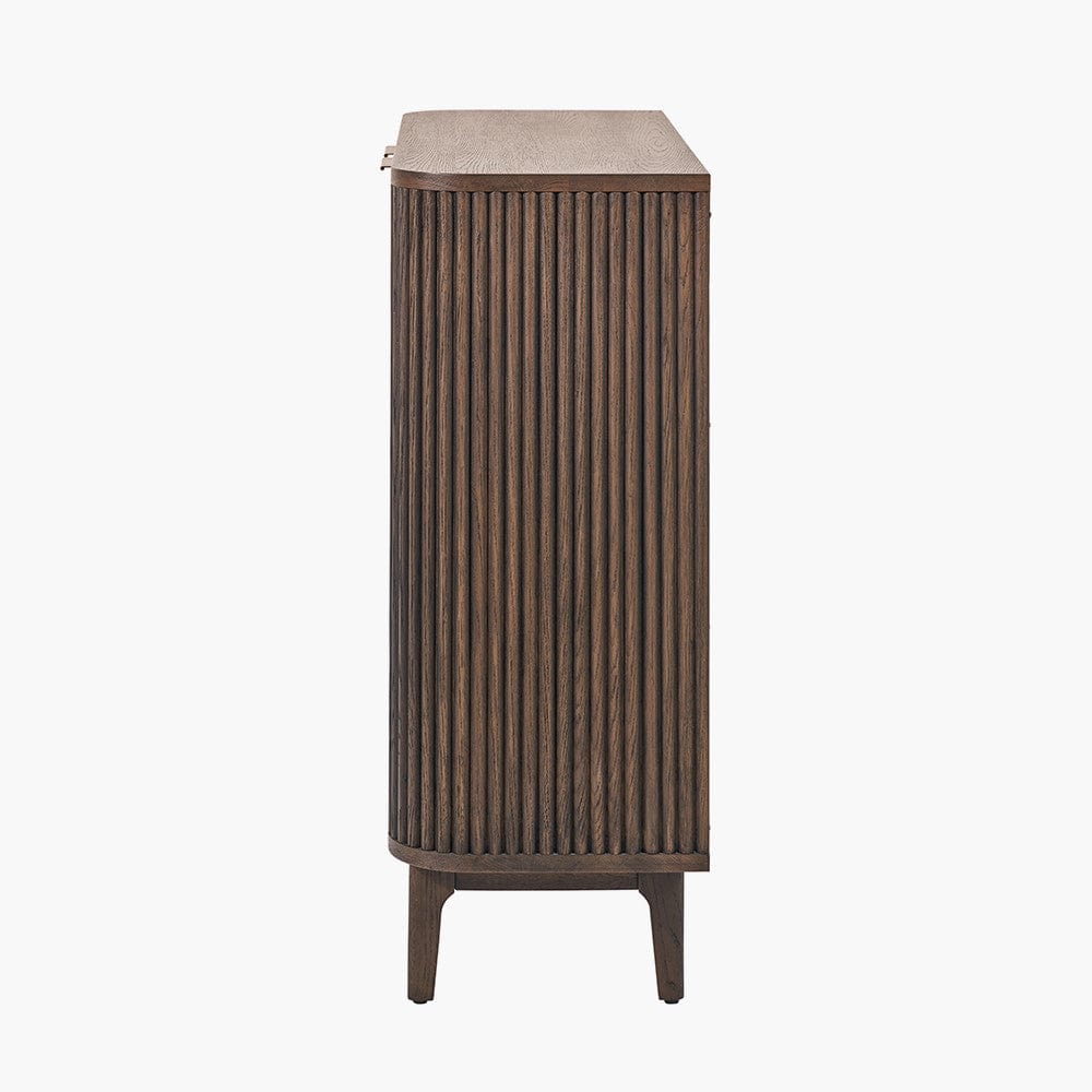 Raie Dark Brown Ribbed Oak and Pine Wood 2 Door Bar Cabinet.