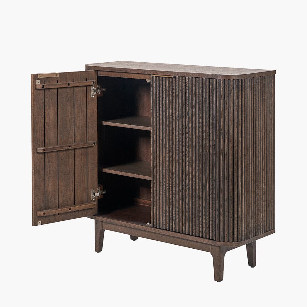 Raie Dark Brown Ribbed Oak and Pine Wood 2 Door Bar Cabinet.