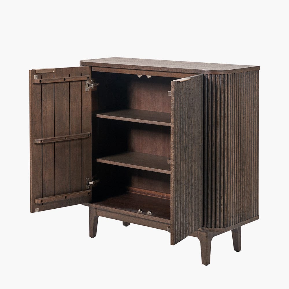 Raie Dark Brown Ribbed Oak and Pine Wood 2 Door Bar Cabinet.