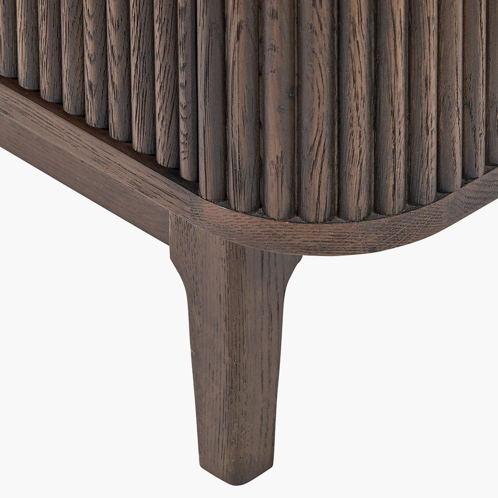 Raie Dark Brown Ribbed Oak and Pine Wood 2 Door Bar Cabinet.