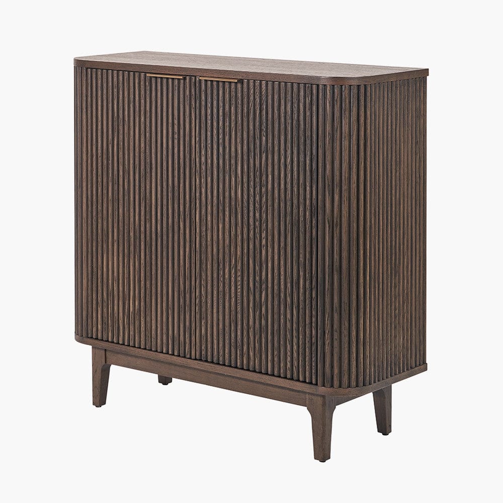 Raie Dark Brown Ribbed Oak and Pine Wood 2 Door Bar Cabinet.