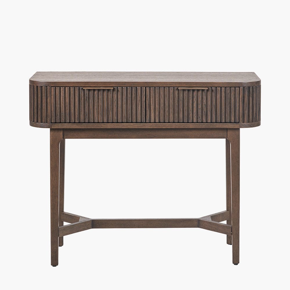 Raie Dark Brown Ribbed Oak and Pine Wood 2 Drawer Console Table.