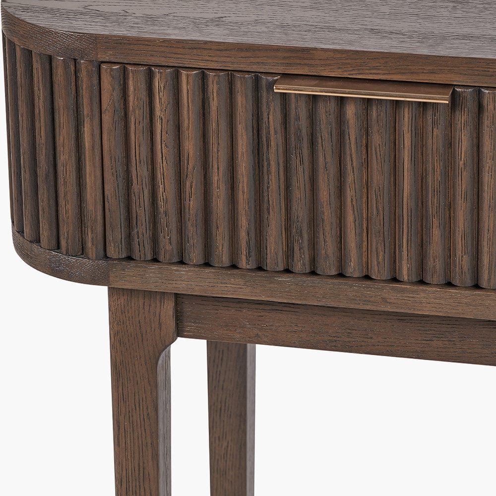 Raie Dark Brown Ribbed Oak and Pine Wood 2 Drawer Console Table.