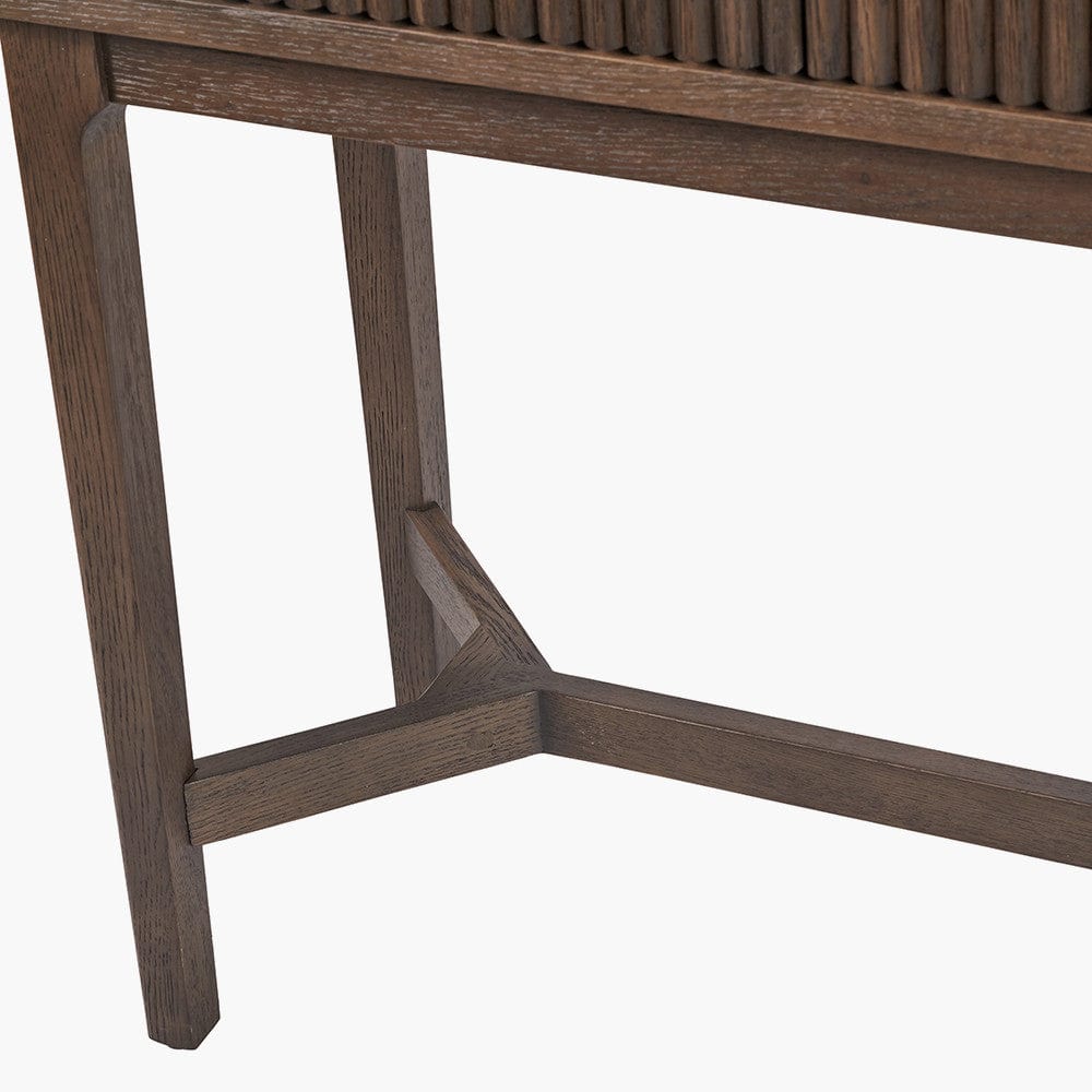 Raie Dark Brown Ribbed Oak and Pine Wood 2 Drawer Console Table.
