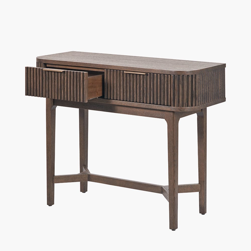 Raie Dark Brown Ribbed Oak and Pine Wood 2 Drawer Console Table.