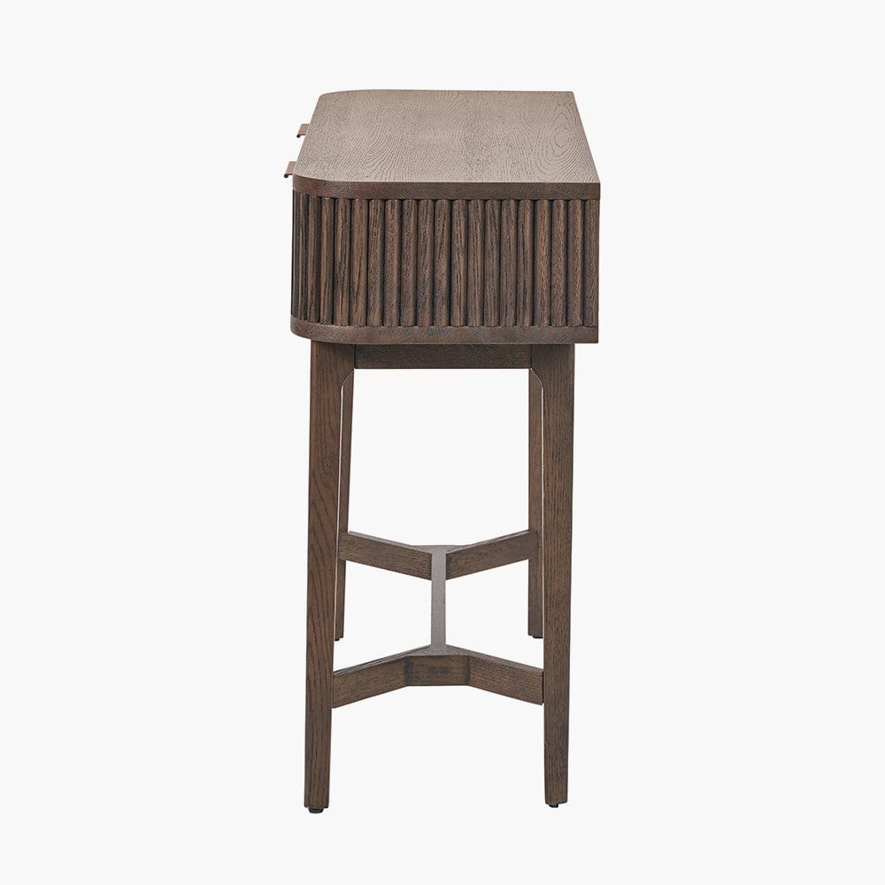 Raie Dark Brown Ribbed Oak and Pine Wood 2 Drawer Console Table.