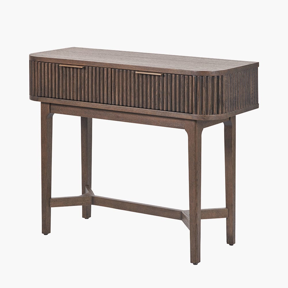 Raie Dark Brown Ribbed Oak and Pine Wood 2 Drawer Console Table.