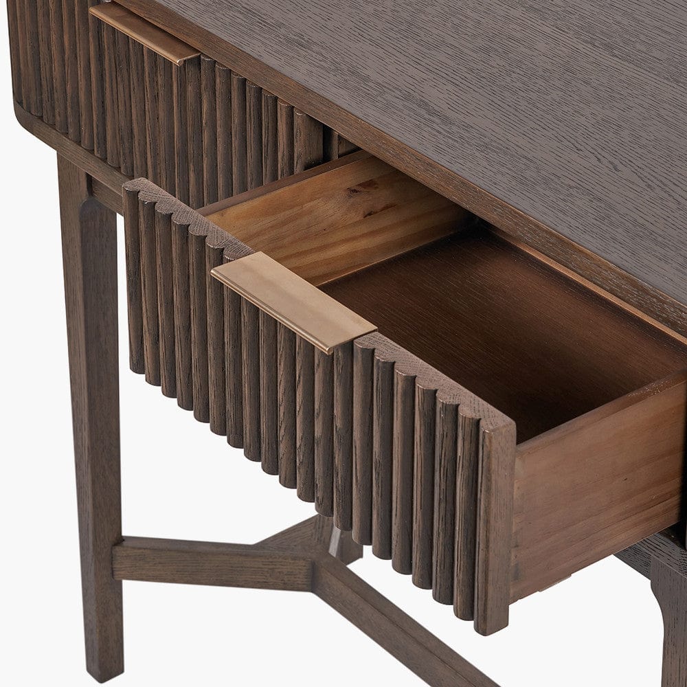 Raie Dark Brown Ribbed Oak and Pine Wood 2 Drawer Console Table.