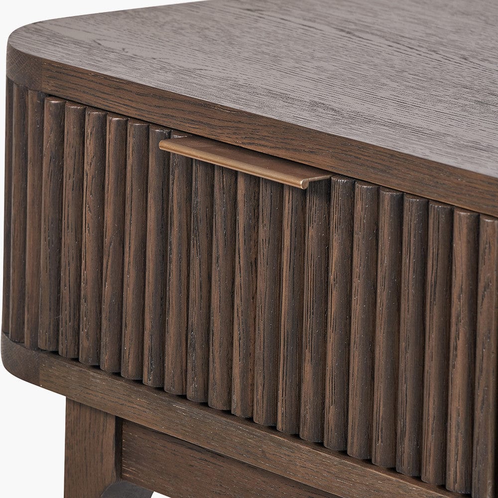 Raie Dark Brown Ribbed Oak and Pine Wood 2 Drawer Console Table.