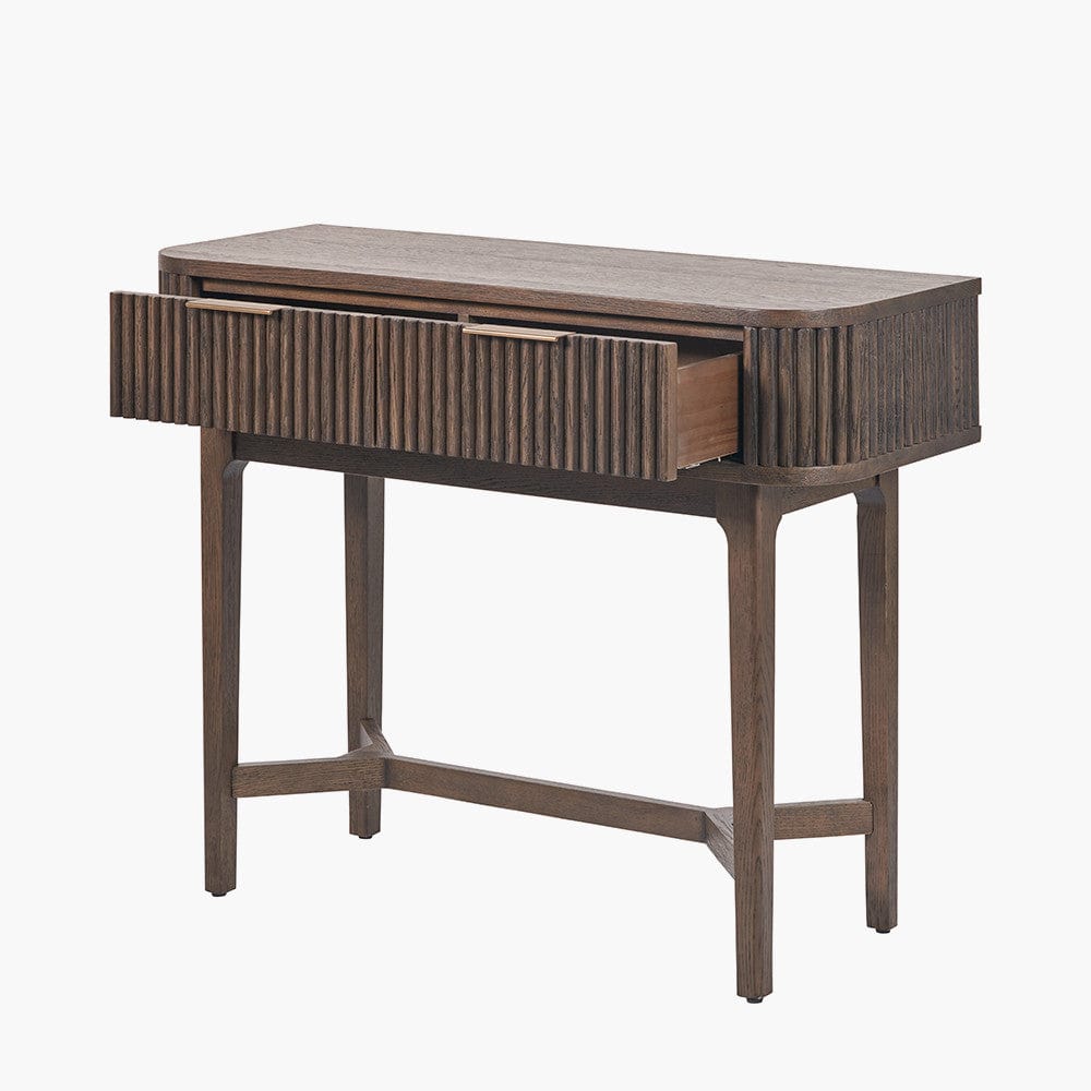 Raie Dark Brown Ribbed Oak and Pine Wood 2 Drawer Console Table.