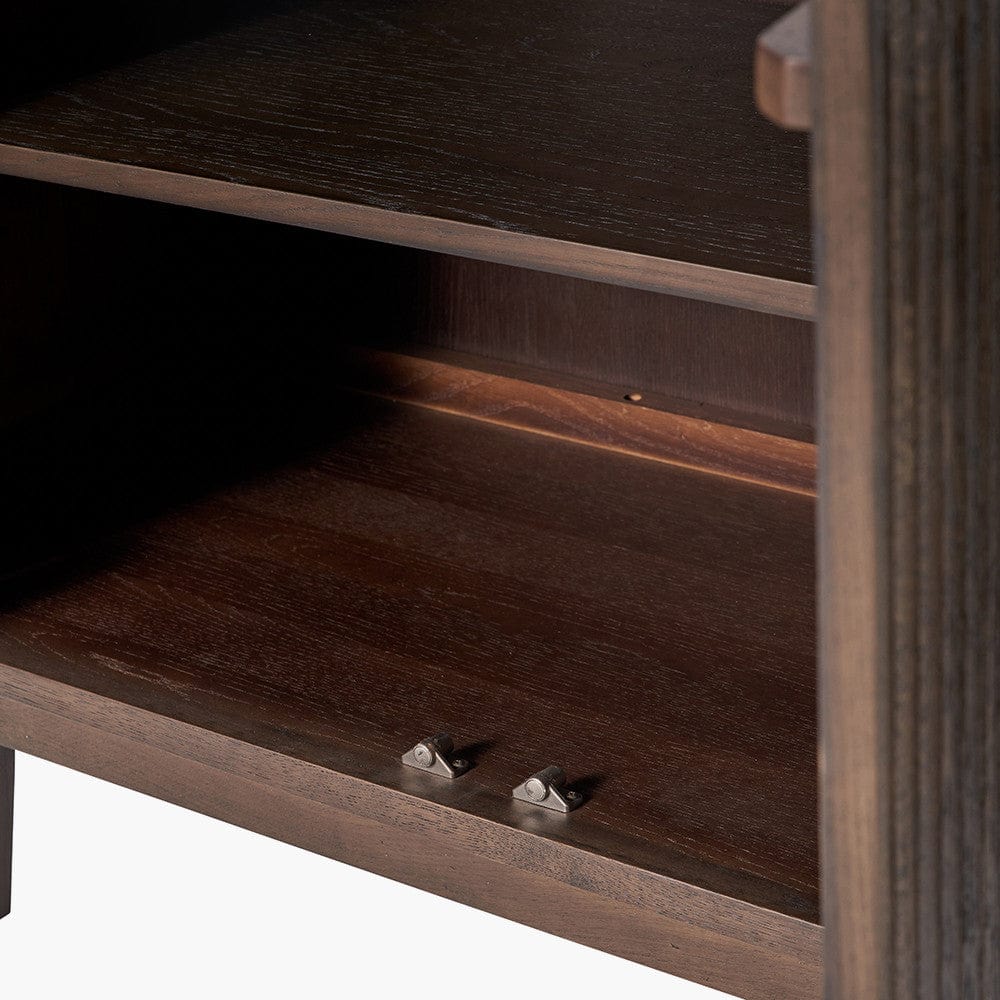 Raie Dark Brown Ribbed Oak & Pine Wood 3 Door Sideboard.