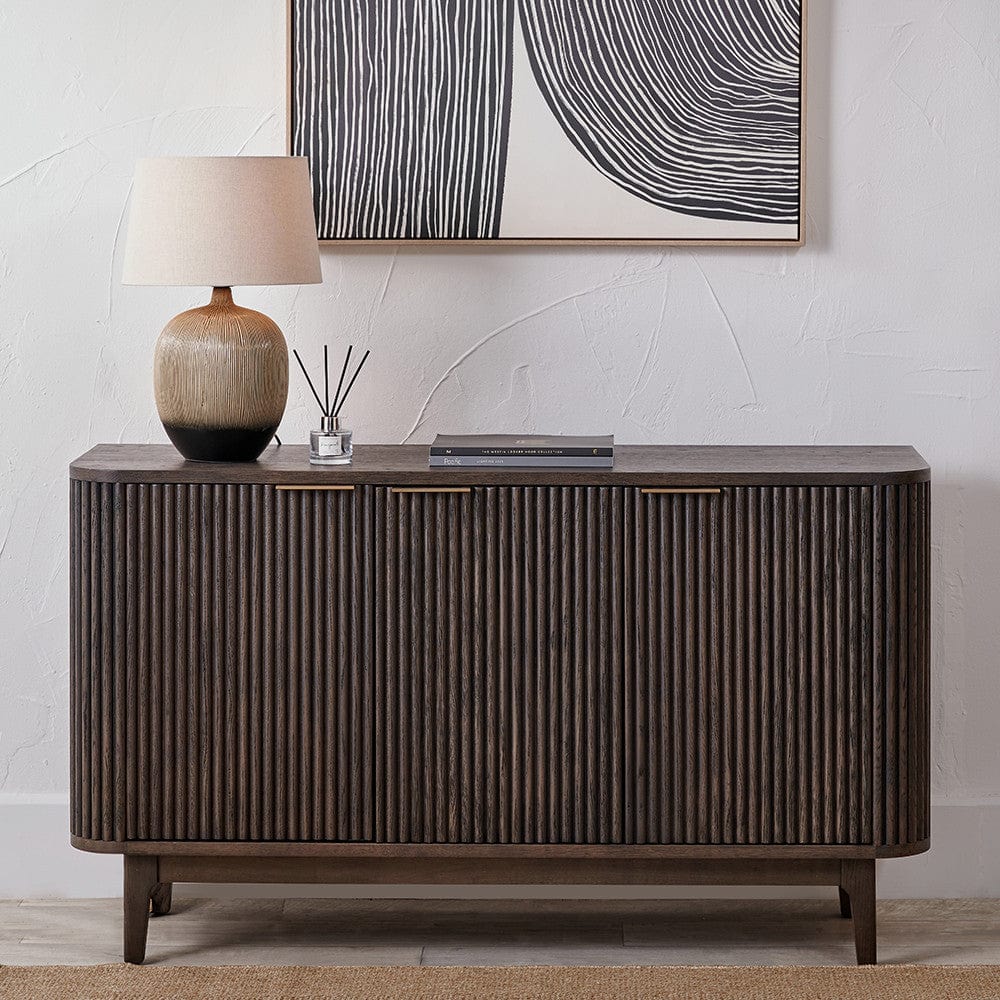 Raie Dark Brown Ribbed Oak & Pine Wood 3 Door Sideboard.