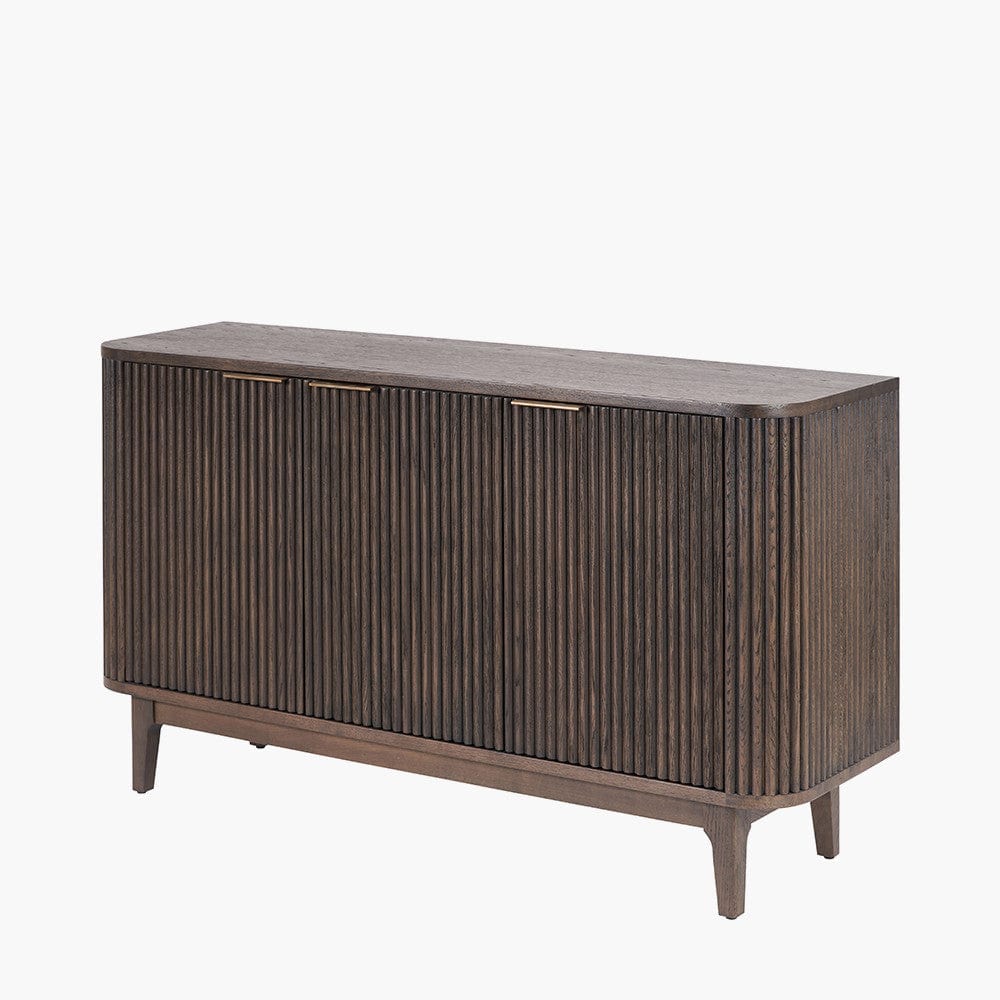Raie Dark Brown Ribbed Oak & Pine Wood 3 Door Sideboard.